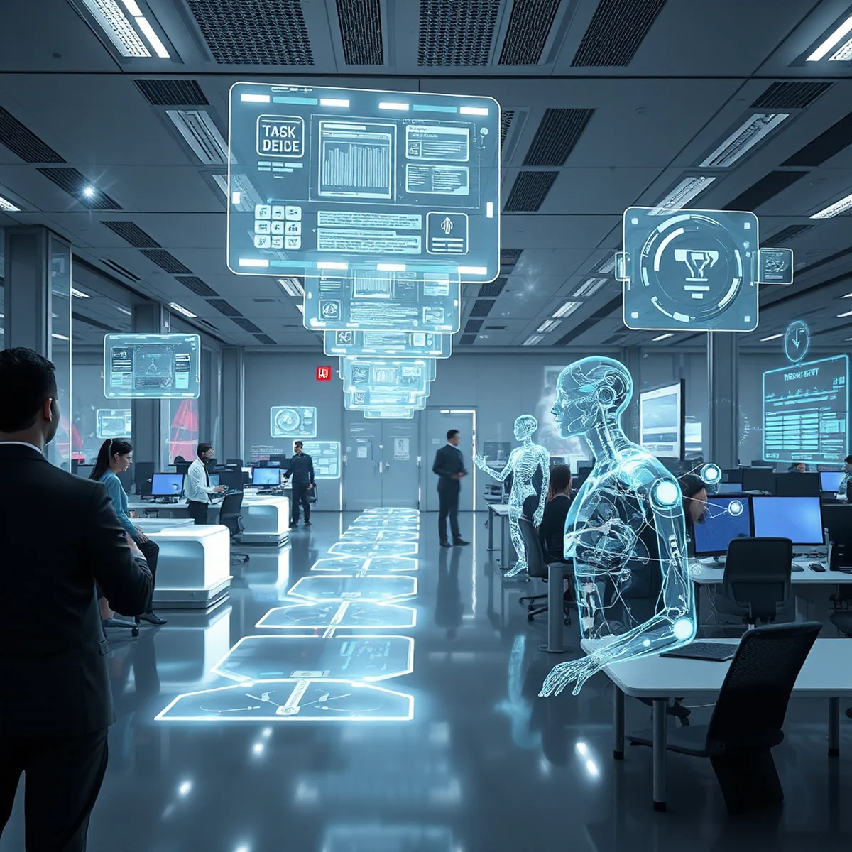 A wide scene of humans and AI agents collaborating in a future intelligent office, showcasing technological innovation as an intelligent assistant.