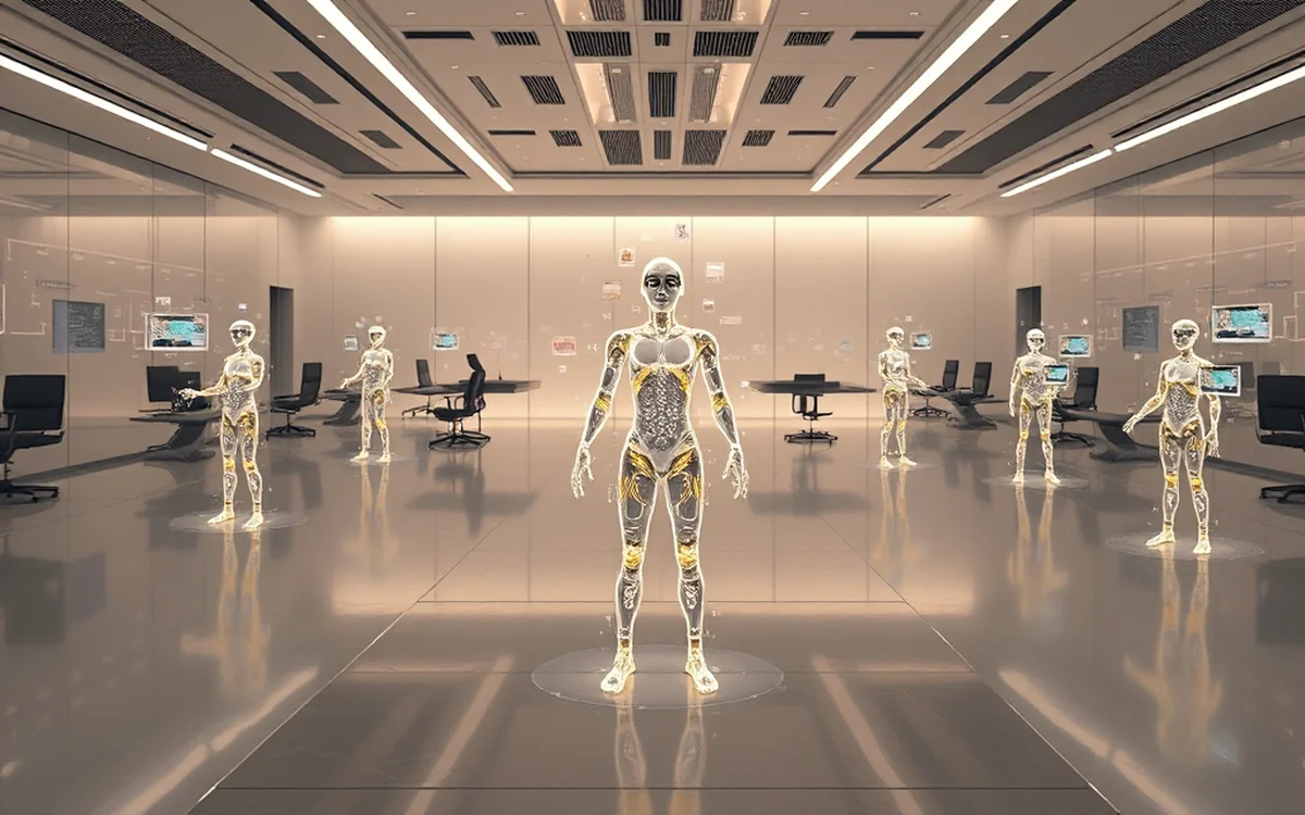 Scene of a futuristic smart office where various AI agents autonomously perform a series of tasks, harmoniously blending realistic details with natural daylight.