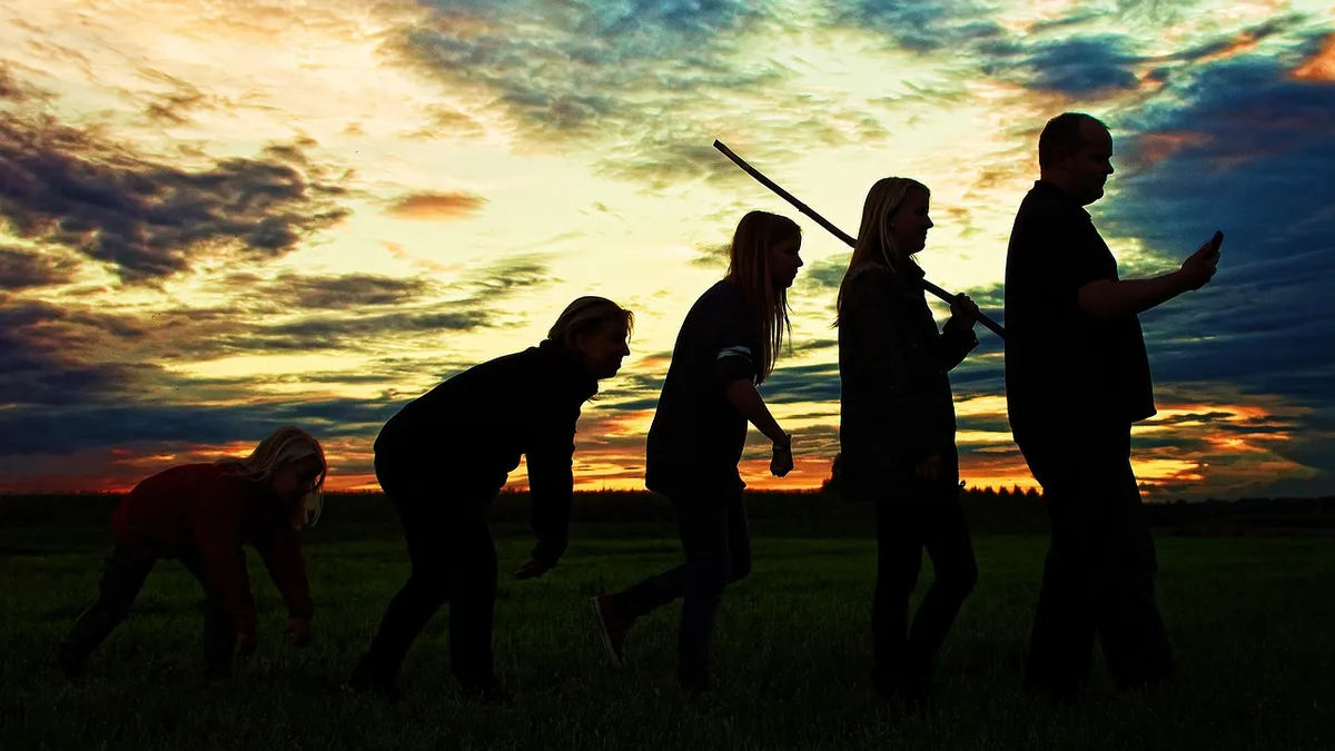 human evolution, reenactment, sunset, evolution, people, silhouette, reenact, dusk, twilight, evening sky, nature, sky, clouds, abendstimmung, dark, evolution,