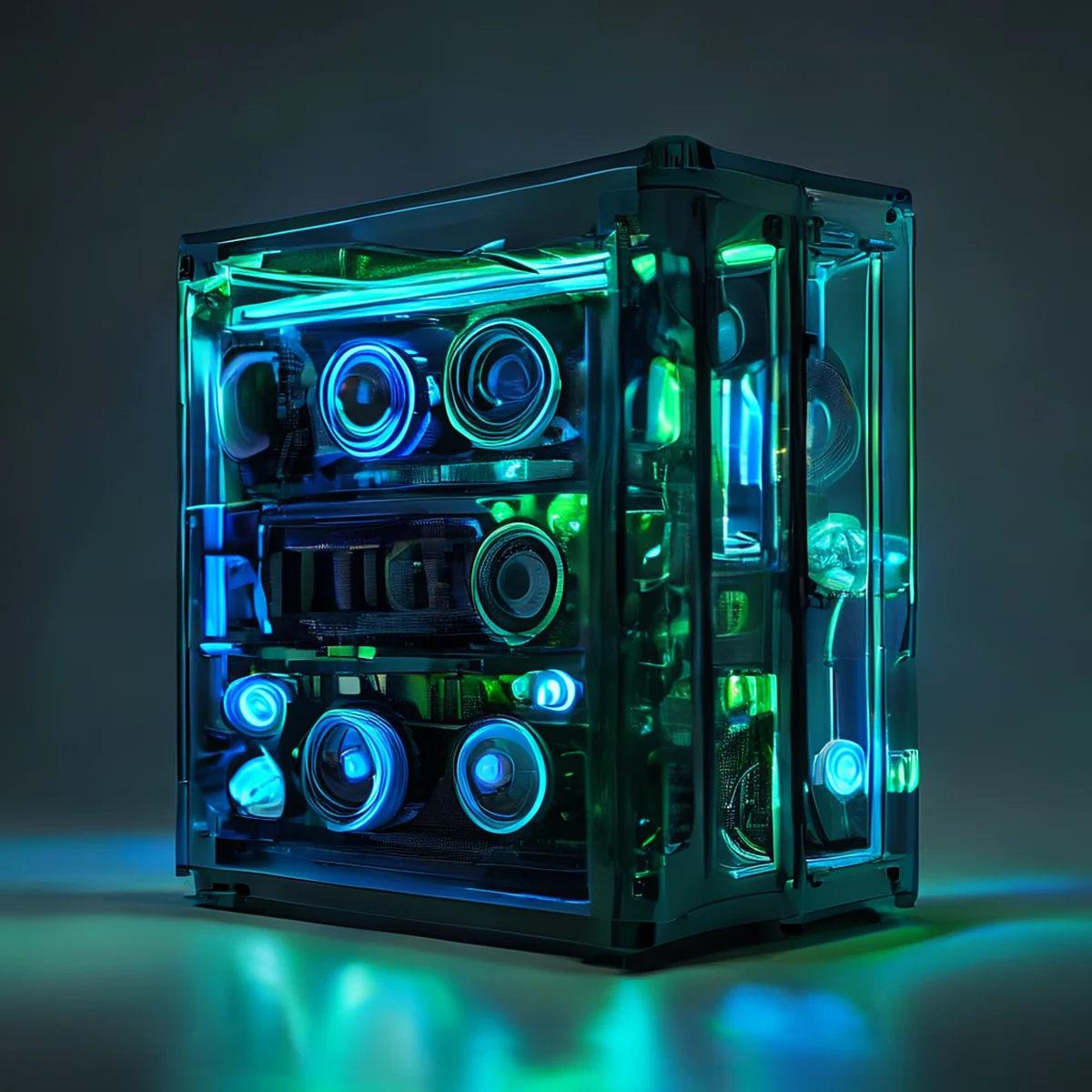 게임용 PC 케이스에 내부 LED 조명과 RGB 스트립이 있습니다.