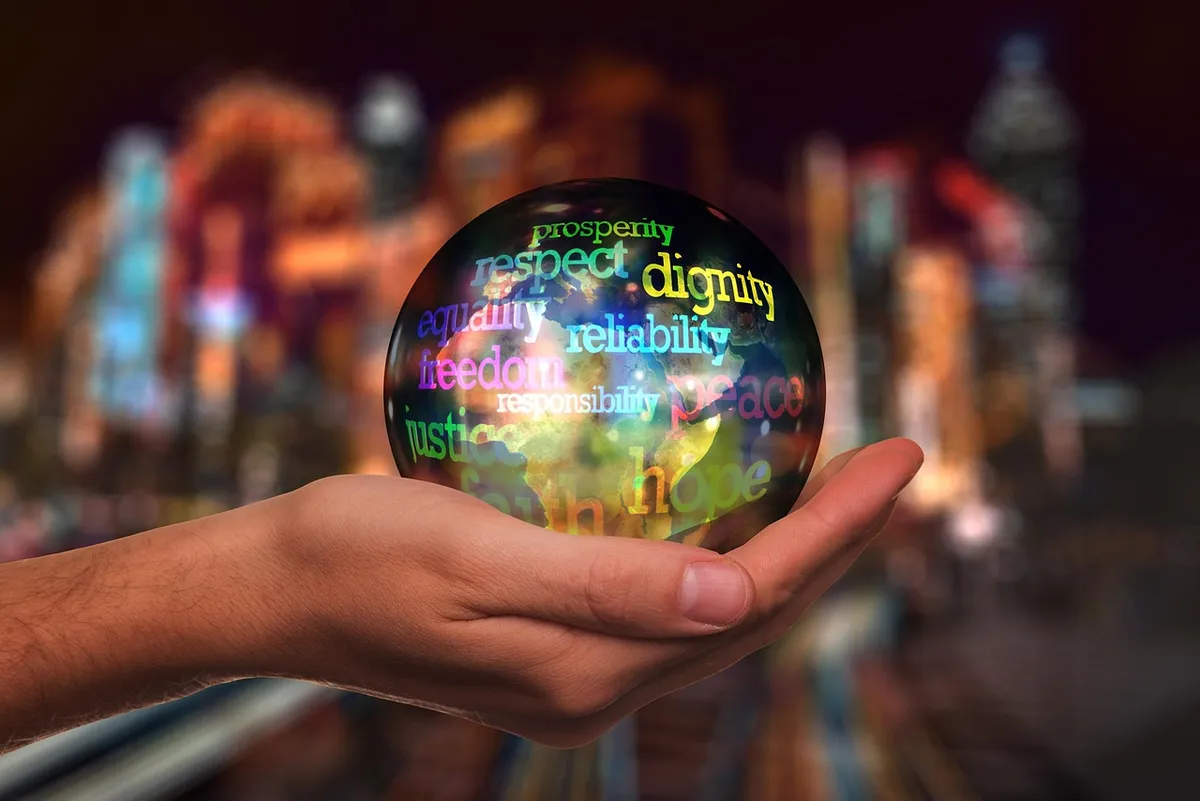 lens ball, glass ball, equality, freedom, peace, believe, hope, legislation, prosperity, justice, reliability, security, responsibility, attention, hand, bullet